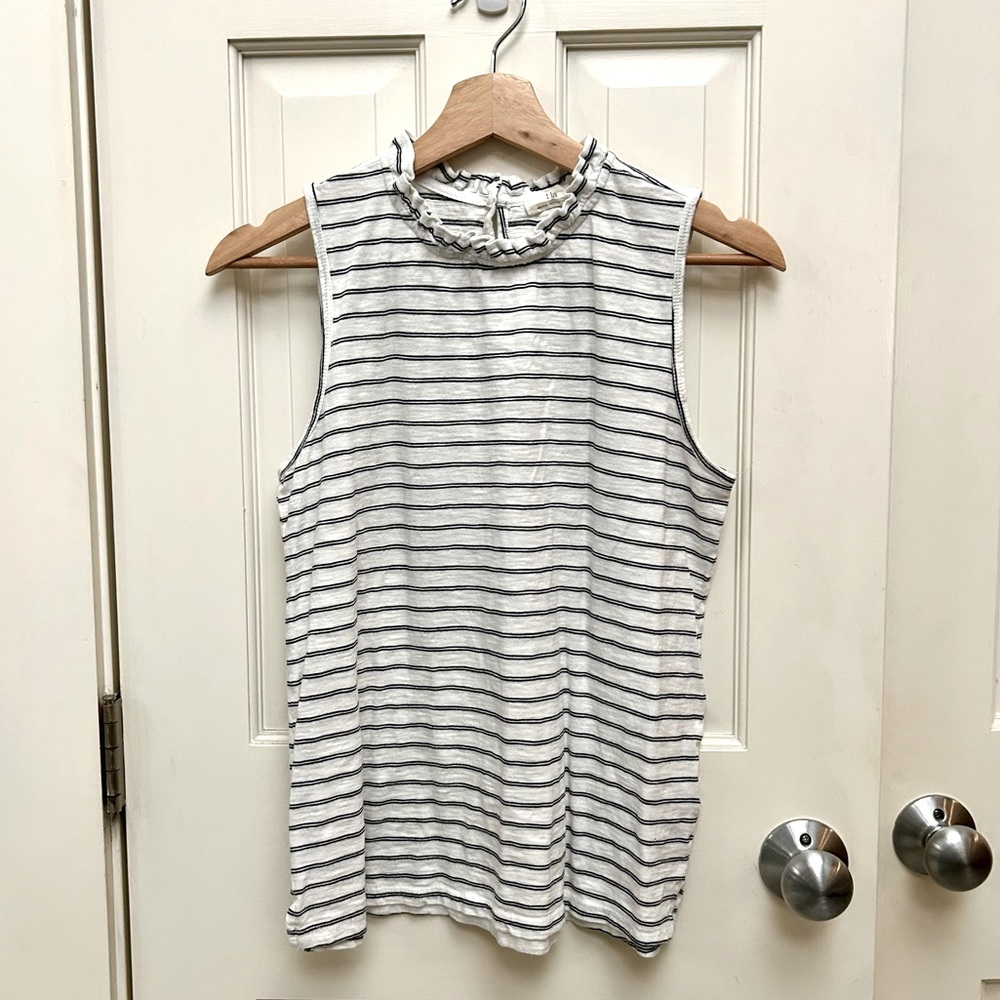 Anthro t.la Ruffled Mock Neck White & Black Striped Tank Top Size S